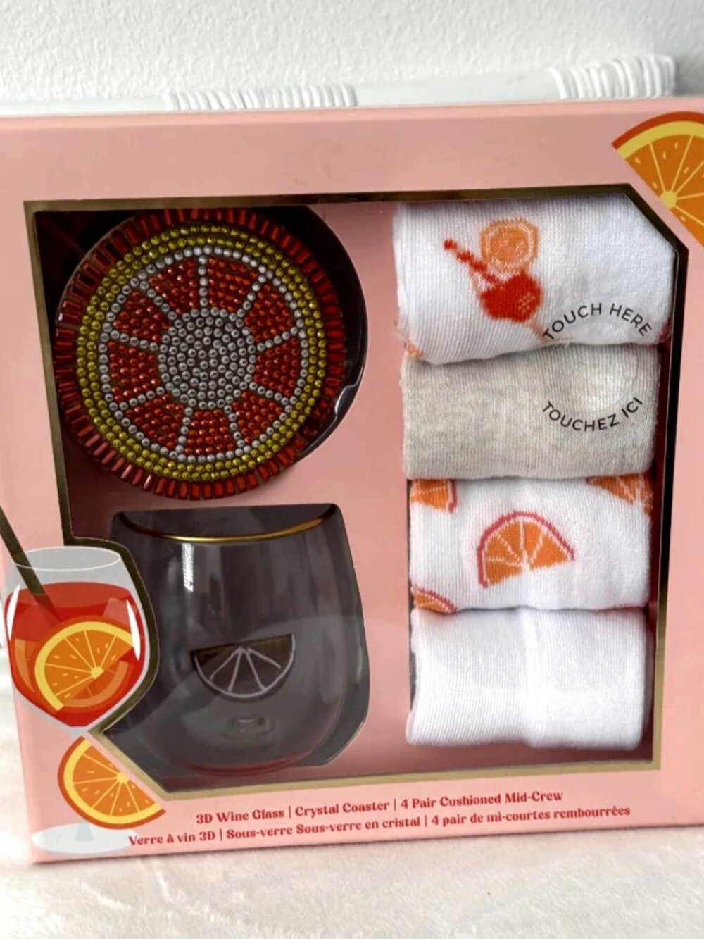 Spritz Gift Kit 3D Wine Glass Crystal Coaster 4pk Mid-Crew Socks Set 6pc NWT Box